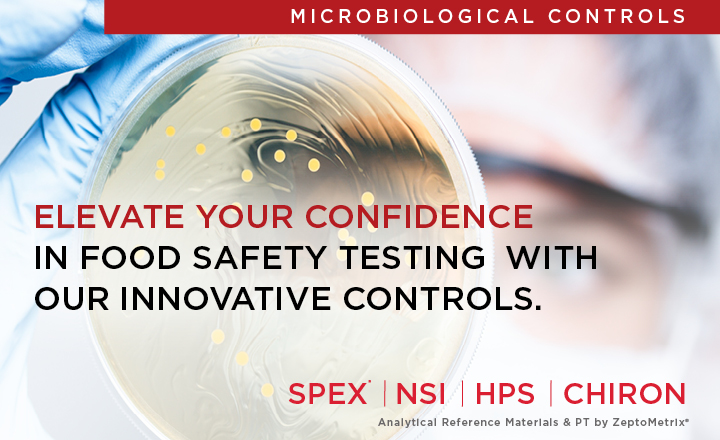 Zeptometrix food microbiology controls text and hand holding petri dish with colonies on image