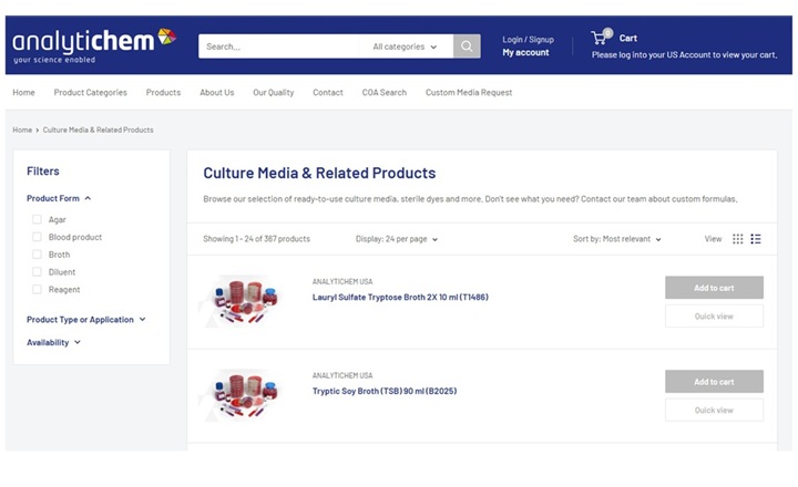 US Webshop for Prepared Culture Media Products