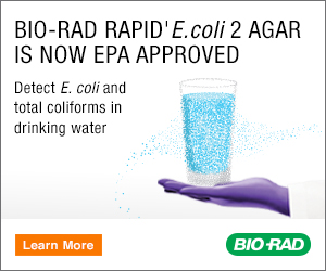 BioRad logo and image of gloved hand holding a glass of drinking water