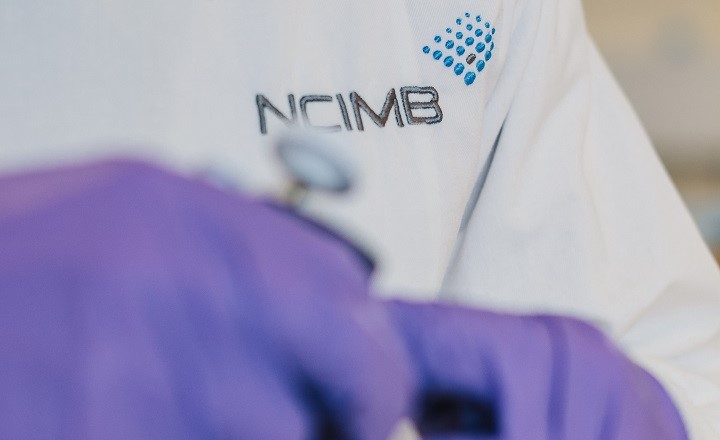 A laboratory scientist wearing an NCIMB lab coat holding a pipette