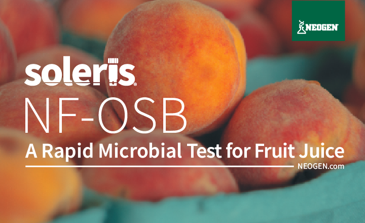 Photo of peaches with text about rapid microbial detection in fruit juice