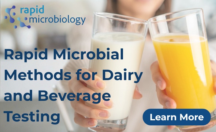 Holds holding glasses of milk and fruit juice and text about microbial testing