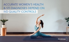 Woman in a relaxing yoga pose and Microbiologics IVD controls advertisement