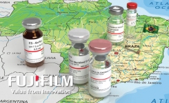 Vials of Fujifilm Wako USA endotoxin testing reagents placed on a map of Brazil