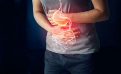 image of gastrointestinal tract overlayed on man holding his cramping stomach