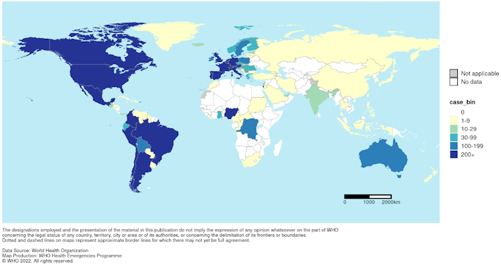 Geographical distribution of confirmed cases of monkeypox worldwide from 1 Jan 2022, as of 12 Sep 22